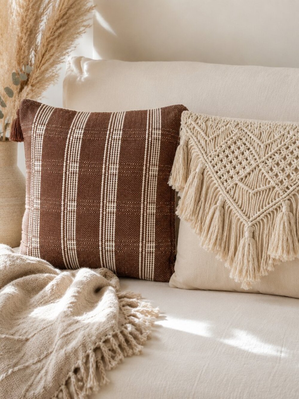 Boho Accent Pillow Covers Set of 2 Macrame Woven Decorative 18 x 18 Farmhouse